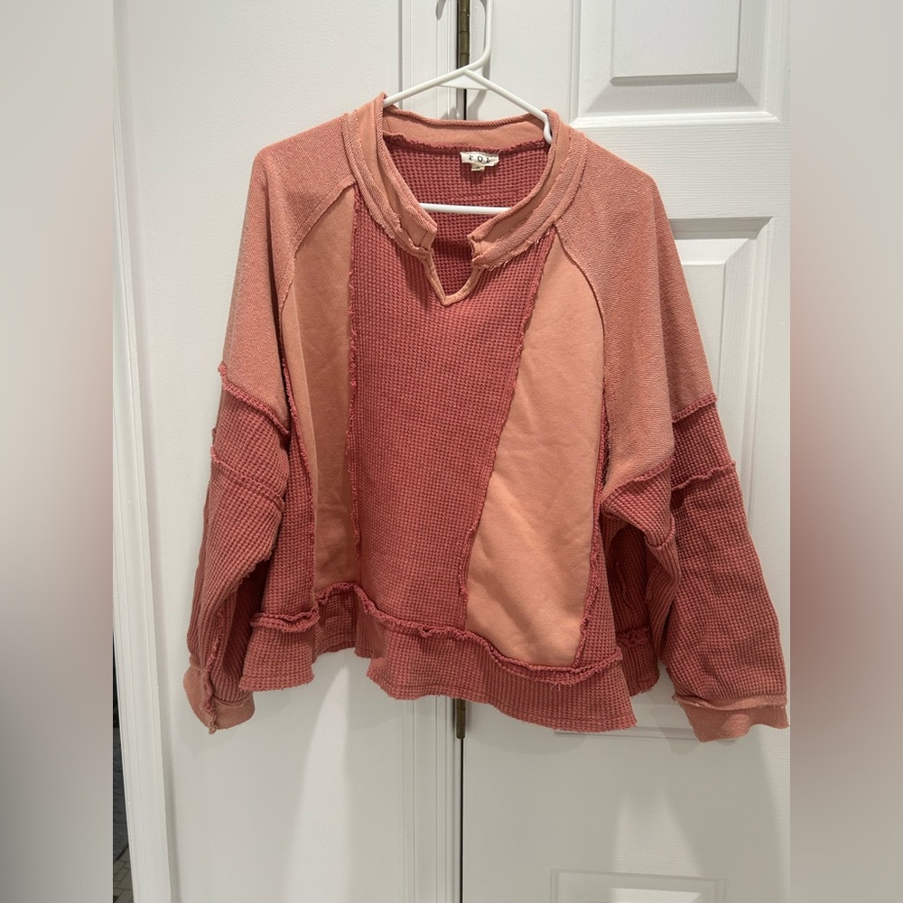 POL Patchwork Waffle Knit Pullover in Rose Salmon - image 1
